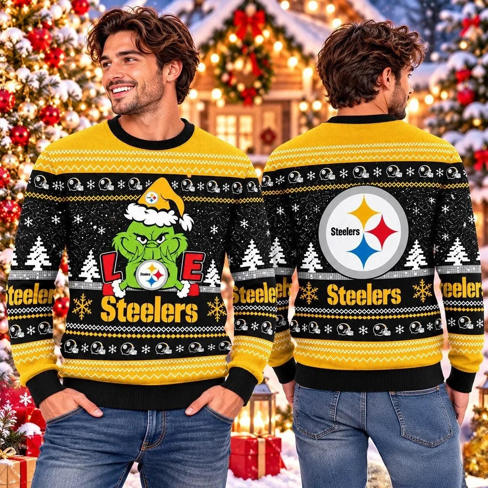 Pittsburgh Steelers Grinch Christmas Mashup Ugly Christmas Sweater Pittsburgh Steelers Merch Fan Gear - Foxy23shop