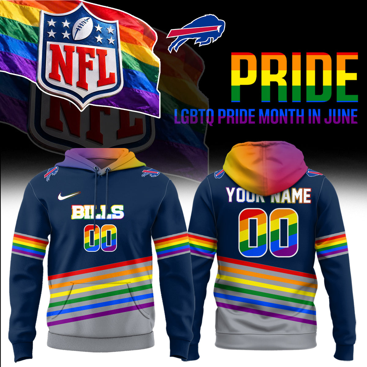 Custom Buffalo Bills Merch LGBTQ Pride Month Hoodie Presents For Bills Mafia - Foxy23shop