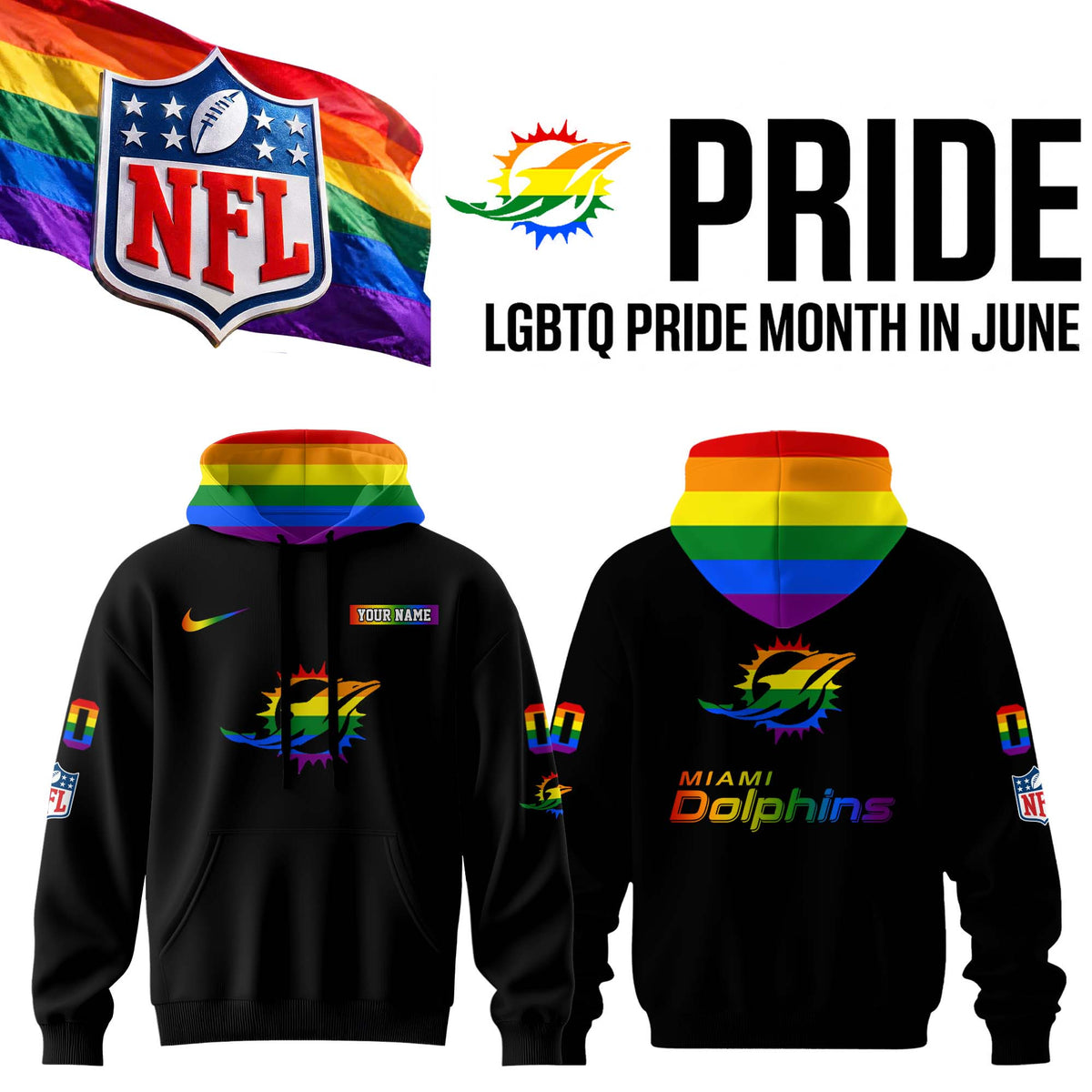 Custom Miami Dolphins Merch LGBTQ Pride Month Hoodie Miami Dolphins Hooded Sweatshirt - Foxy23shop