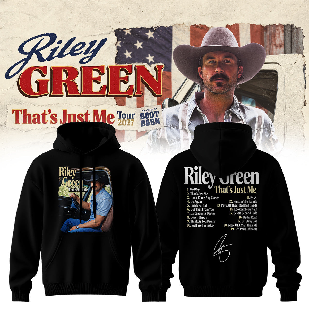 Riley Green Thats Just Me Tour 2027 Signature Signed Hoodie Riley Green Hooded Sweatshirt Fan Gifts - Foxy23shop