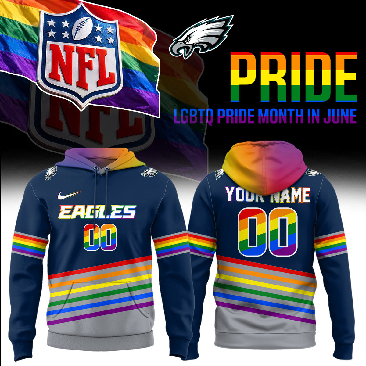 Personalized Philadelphia Eagles Merch LGBTQ Pride Month Hoodie Football Fan Gear - Foxy23shop