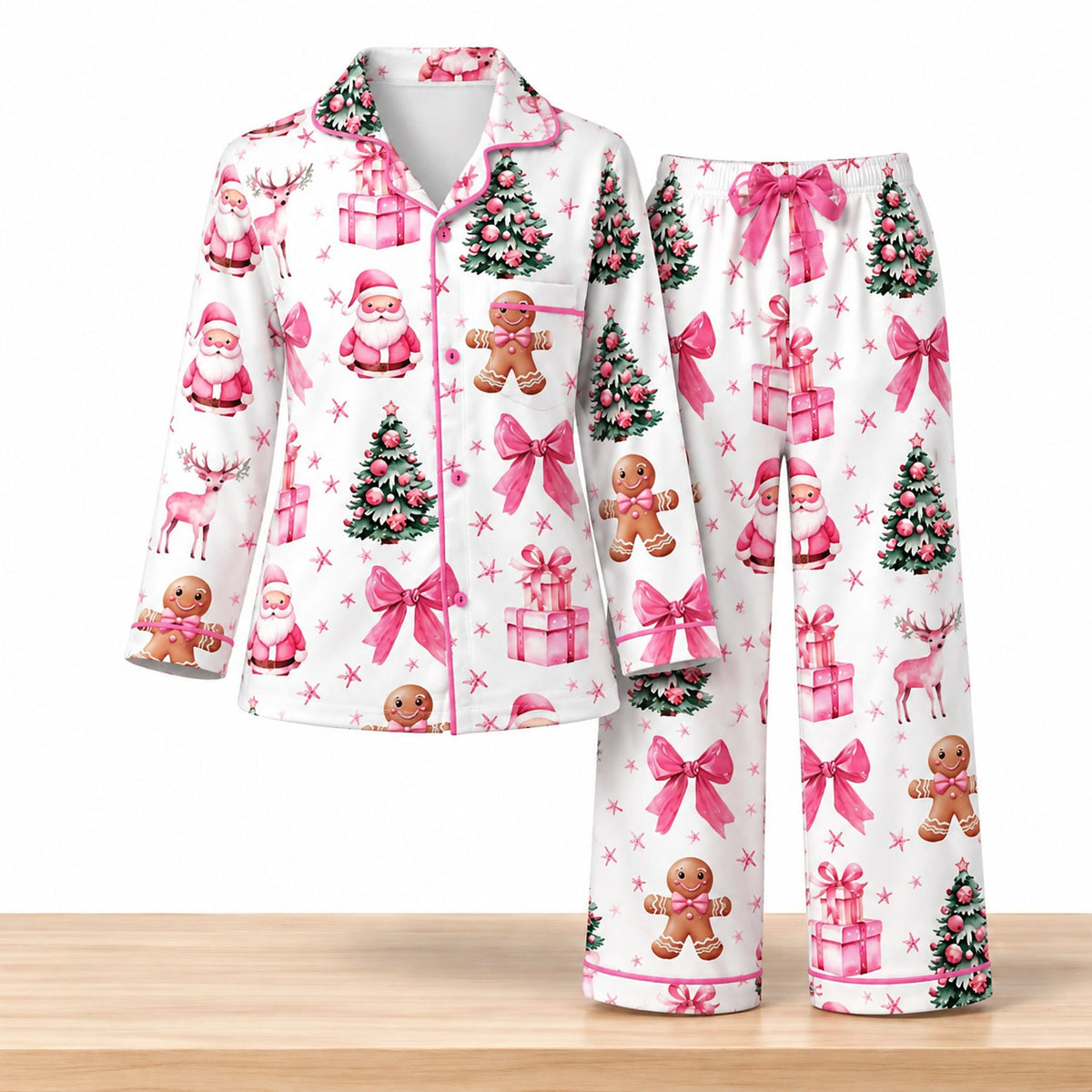 Coquette Pink Christmas 2026 Satin Pajama Set Christmas Clothing Xmas Gifts For Wife - Foxy23shop