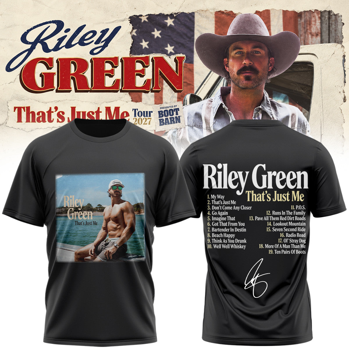 Riley Green Thats Just Me Tour 2027 Signature T-Shirt Riley Green Merch Music Lover Gifts - Foxy23shop