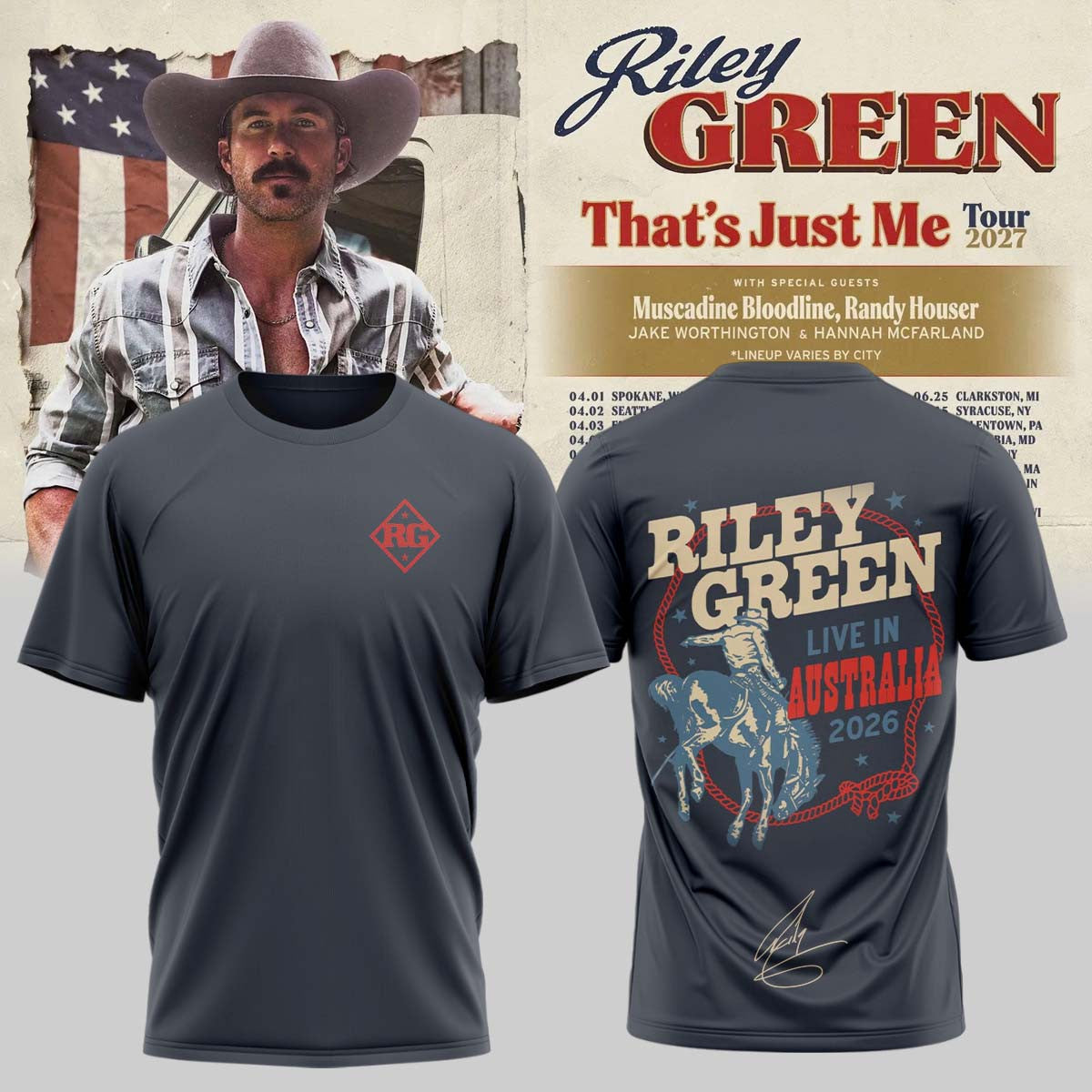 Riley Green That's Just Me Tour 2026 Signature T-Shirt Riley Green Concert Tee Country Fans Gift - Foxy23shop