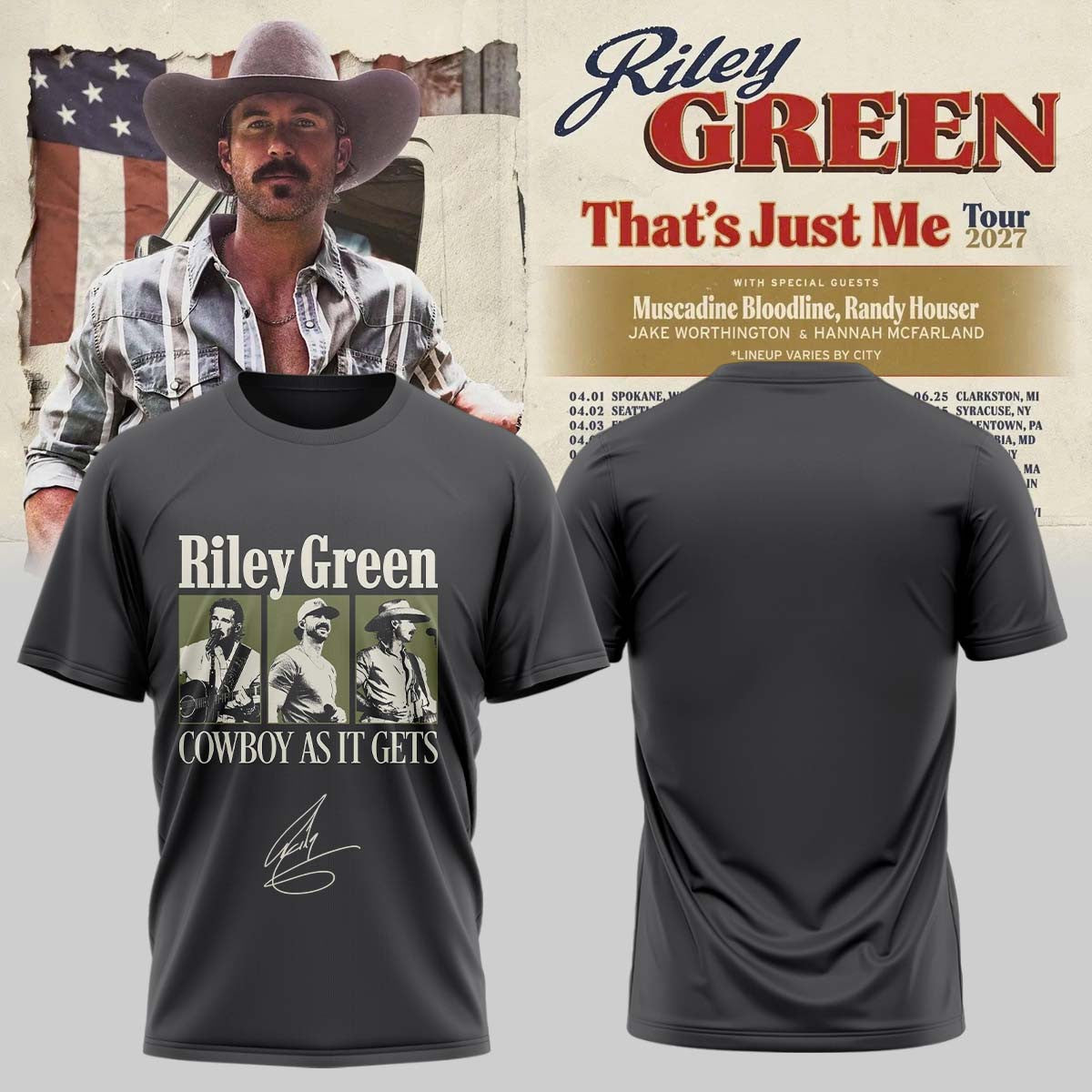 Riley Green That's Just Me Tour 2026 Signed T-Shirt Riley Green Merch Country Fan Gifts - Foxy23shop