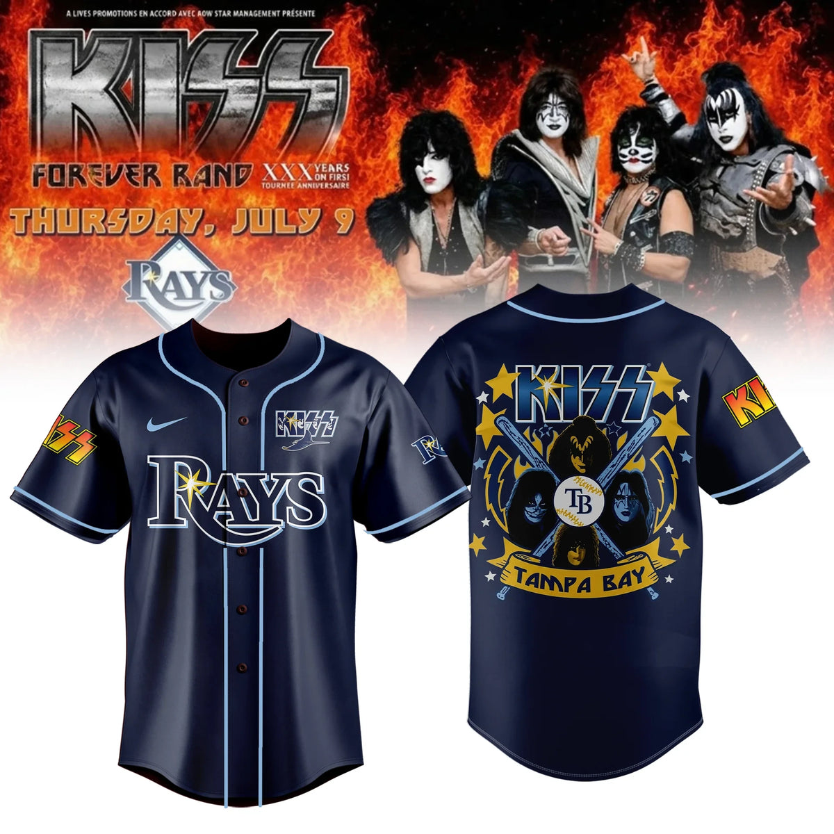 Tampa Bay Rays X KISS Forever Band Tour 2026 Jersey TB Rays Apparel Gifts For Rock Fans - Foxy23shop