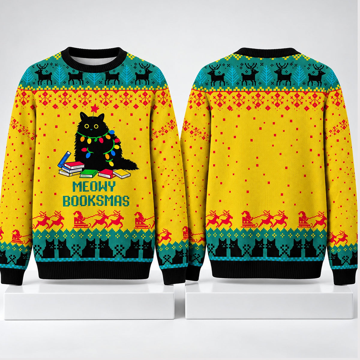 Meowy Booksmas Christmas 2026 Ugly Sweater Xmas Clothing Christmas Gifts For Cat Lovers - Foxy23shop