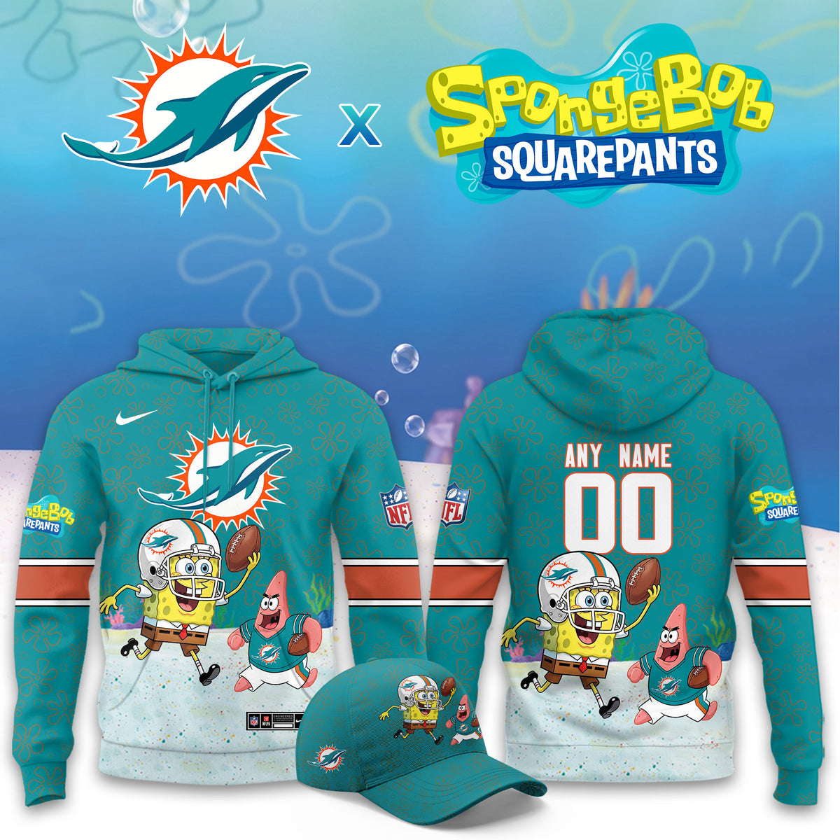 Personalized Miami Dolphins x Spongebob Squarepants Hoodie Miami Dolphins Merch Fan Gear - Foxy23shop