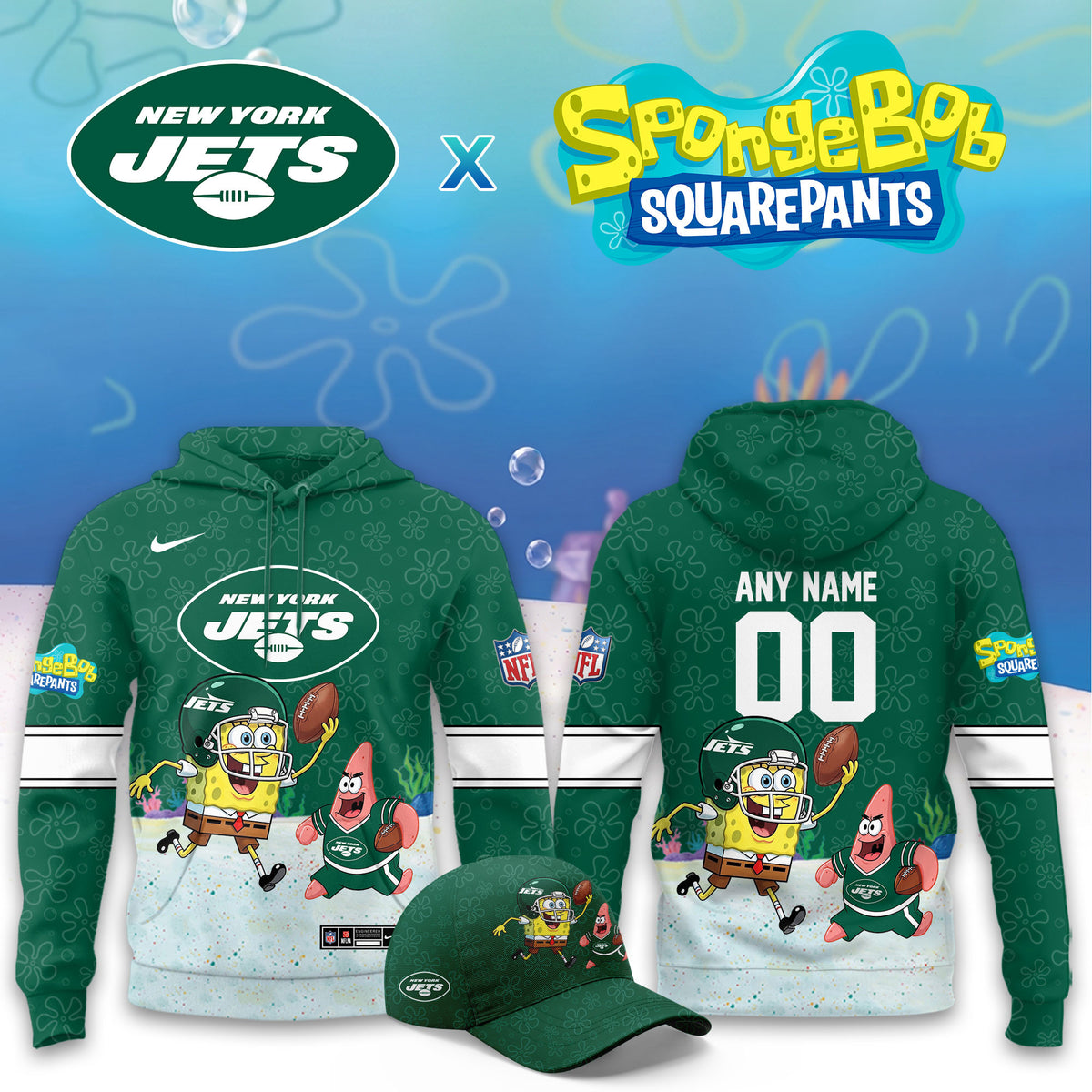 Personalized New York Jets x Spongebob Squarepants Hoodie NY Jets Apparel Fan Gear - Foxy23shop