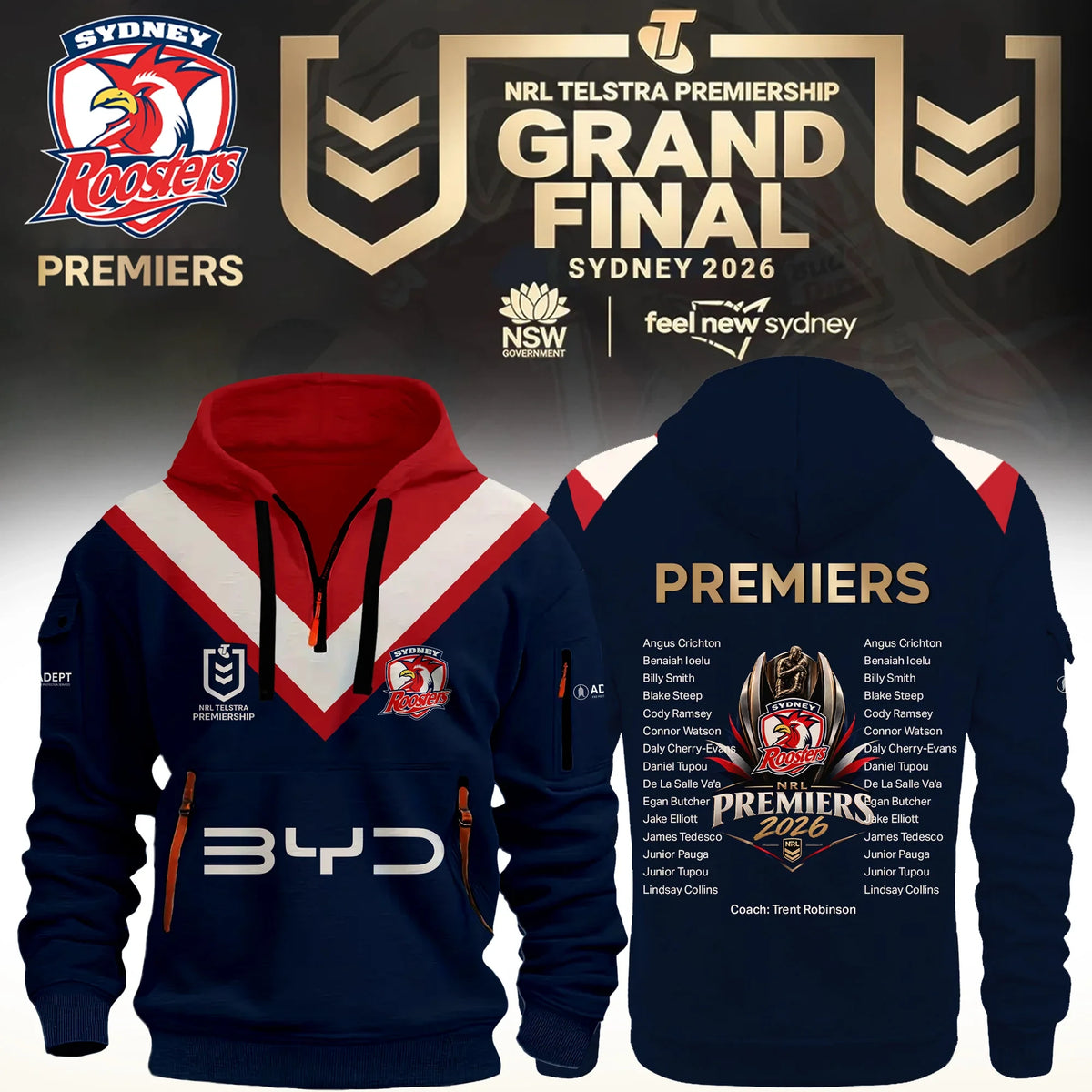 Sydney Roosters Premiers Half Zip Hoodie Sydney Roosters Sports Merch Gift For Lovers - Foxy23shop