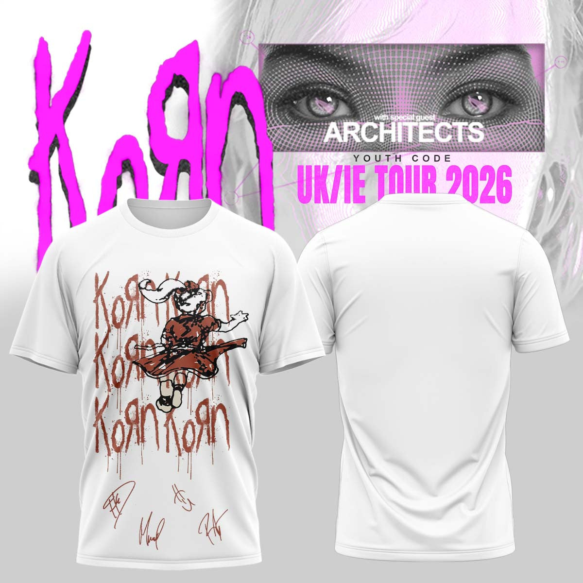 Korn Merch UK IE Tour 2026 Signature White T-Shirt Presents Ideas For Korn Music Lovers - Foxy23shop