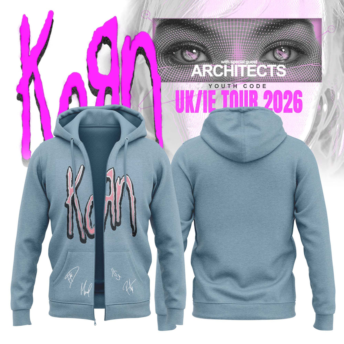 Korn Merch UK IE Tour 2026 Signed Zip Hoodie Korn Hooded Sweatshirt Gifts For Fans - Foxy23shop
