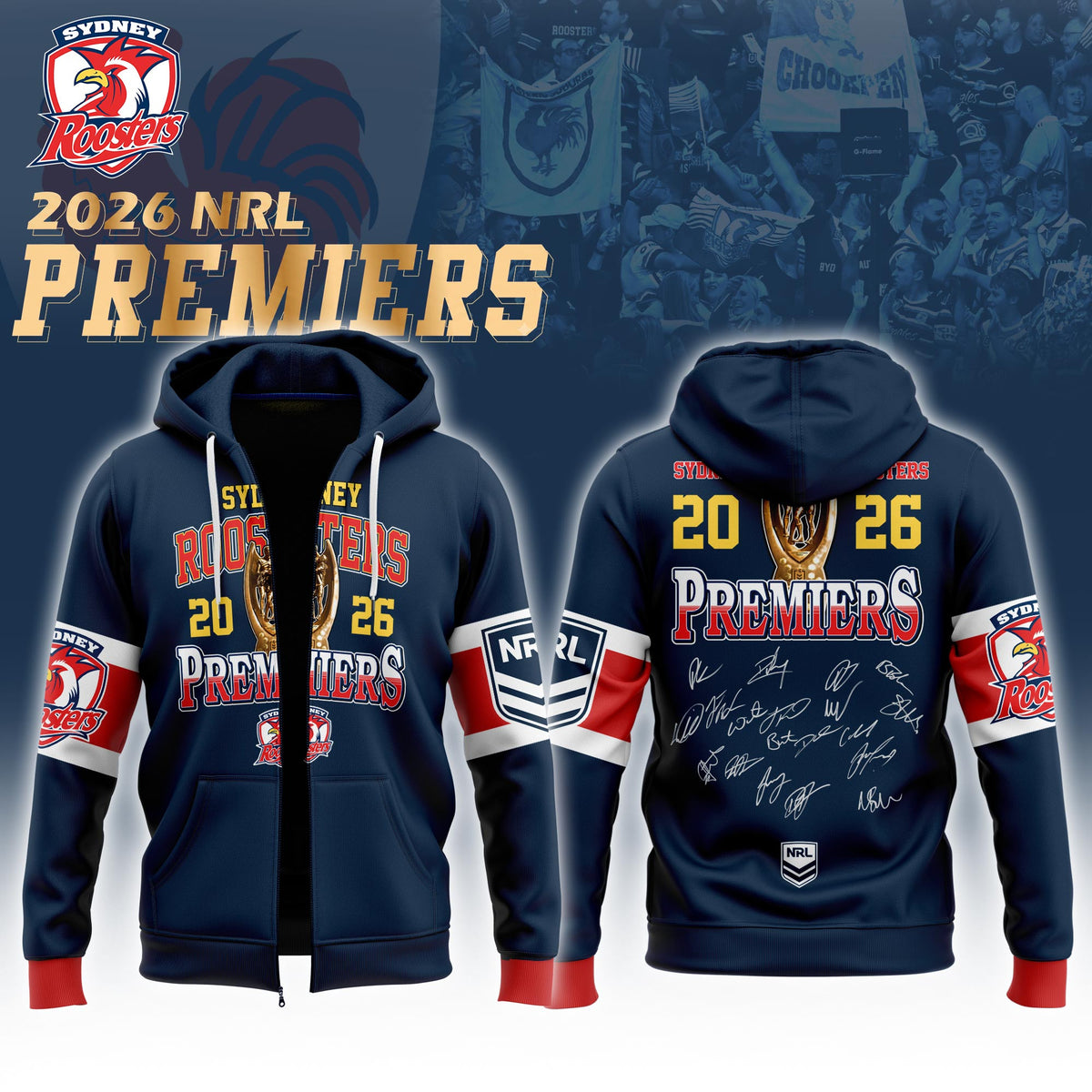 Sydney Roosters 2026 Premiers Zip Hoodie Roosters Merch Best Gifts For Football Fans - Foxy23shop
