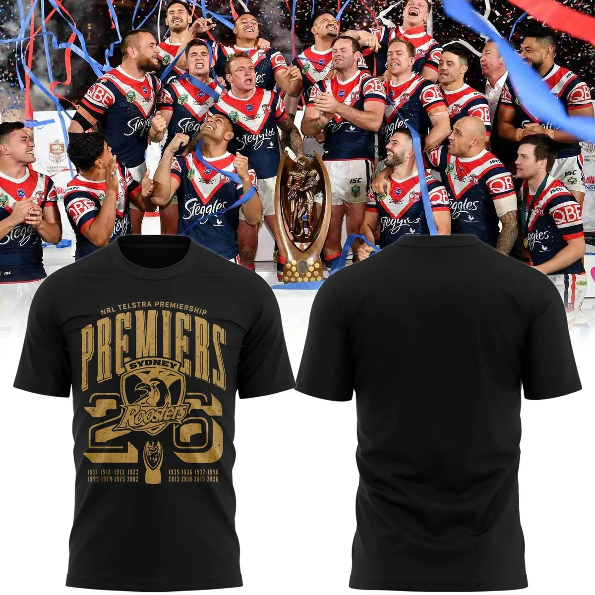 Sydney Roosters 2026 Telstra Premiers T-Shirt Sydney Roosters Clothing Rugby Fan Gear - Foxy23shop