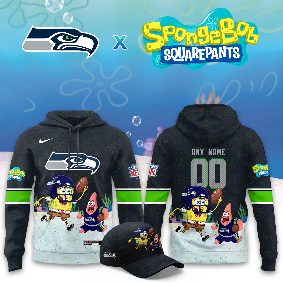 Custom Seattle Seahawks x SpongeBob SquarePants Hoodie Best Gifts For Cartoon Lovers - Foxy23shop