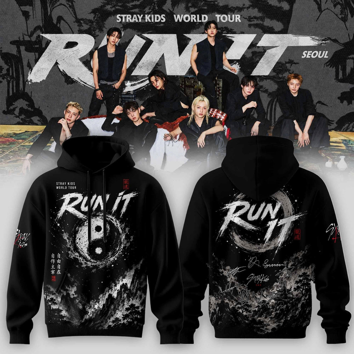 Stray Kids Run It World Tour 2026 Black Hoodie Stray Kids Hooded Sweatshirt Great Gifts For Stay - Foxy23shop