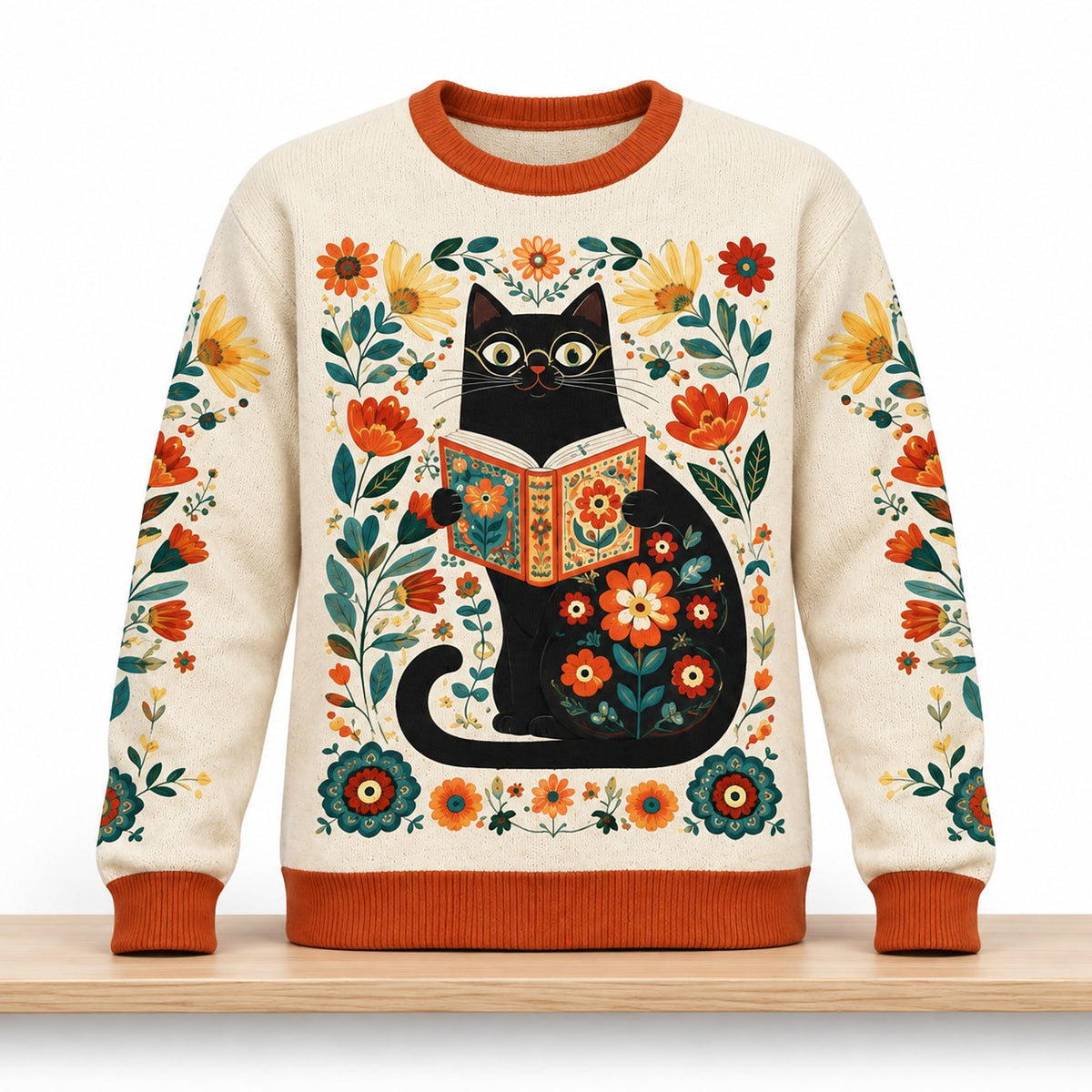 Floral Black Cat Reading Book Christmas 2026 Ugly Sweater Xmas Clothing Gifts For Cat Mom - Foxy23shop