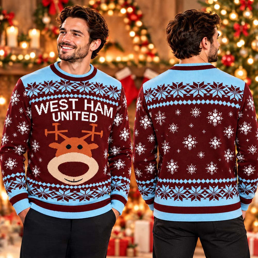 West Ham United The Hammers Reindeer Pom Pom Christmas Ugly Sweater West Ham United Apparel - Foxy23shop