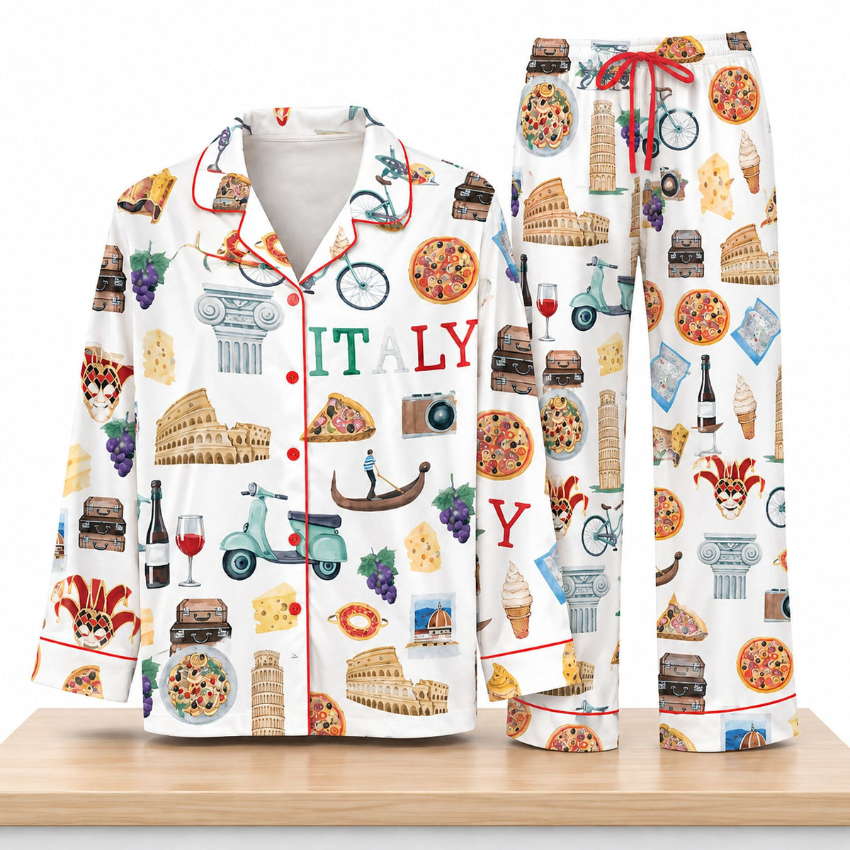 Italy Travel Silky Satin Pajama Set italian Icons Sleeping Sets Gifts For Wife - Foxy23shop