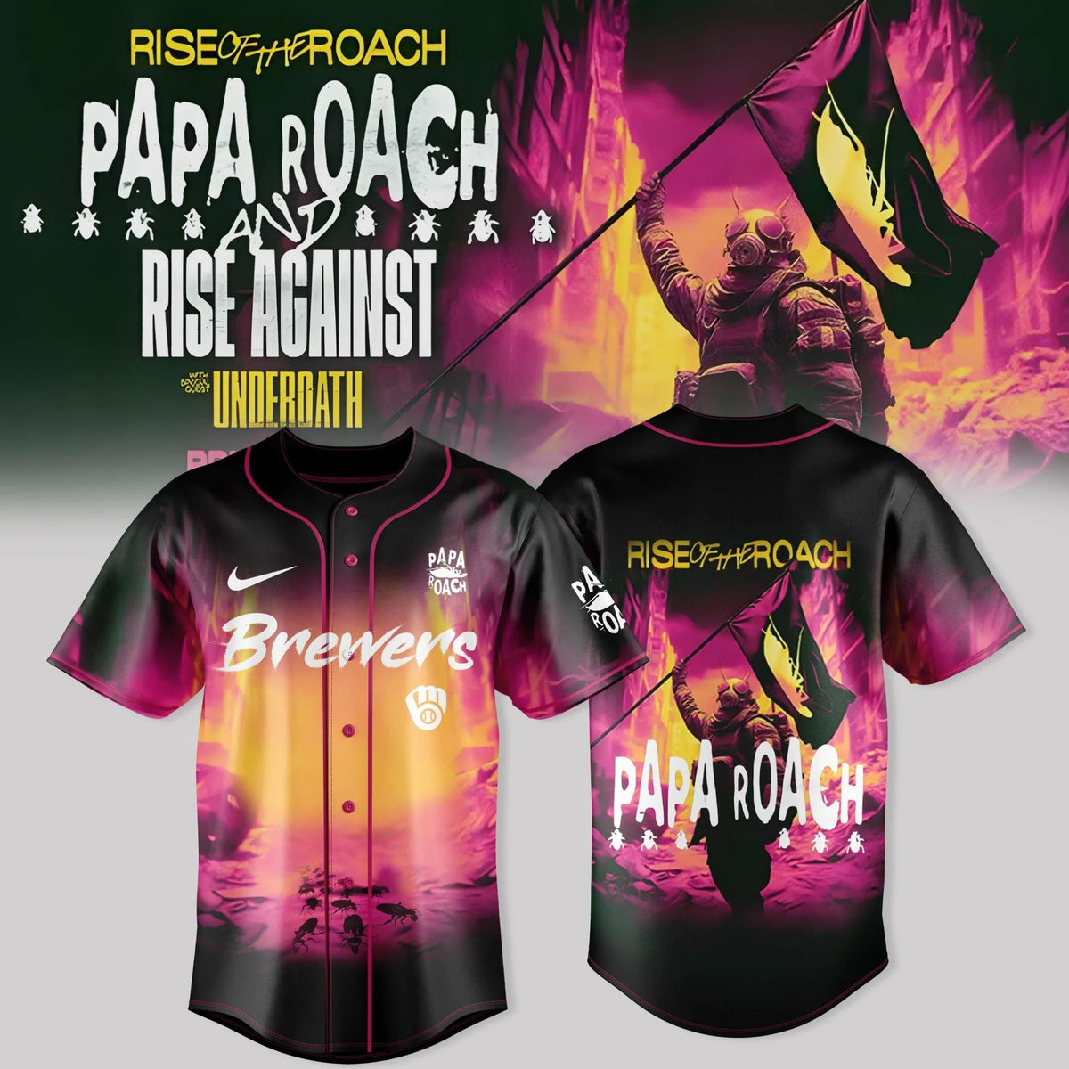Milwaukee Brewers X Papa Roach Rise Of The Roach Tour Jersey Gifts For Baseball Lovers - Foxy23shop