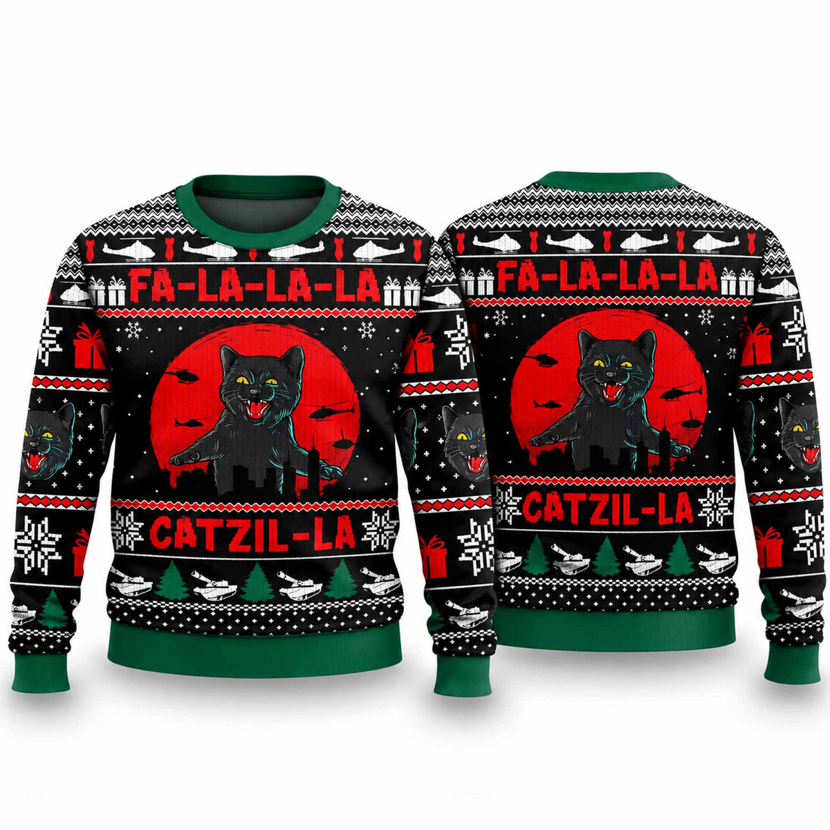 Christmas Catzila Black Cat Ugly Sweater Xmas Clothing Cat Lover Christmas Gifts - Foxy23shop
