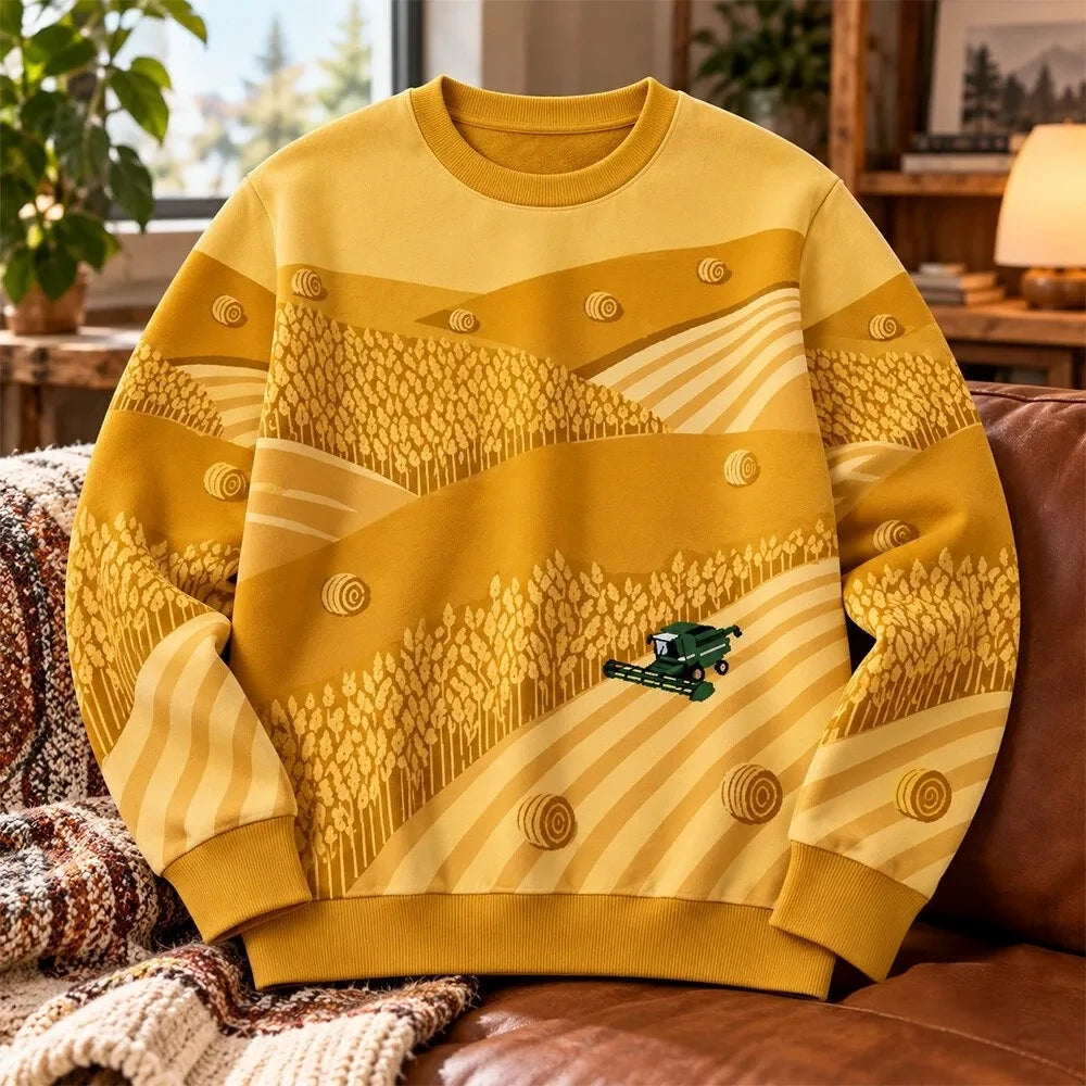 Wheat Field Combine Harvester Crewneck Sweatshirt Wheat Field Graphic Clothing - Foxy23shop