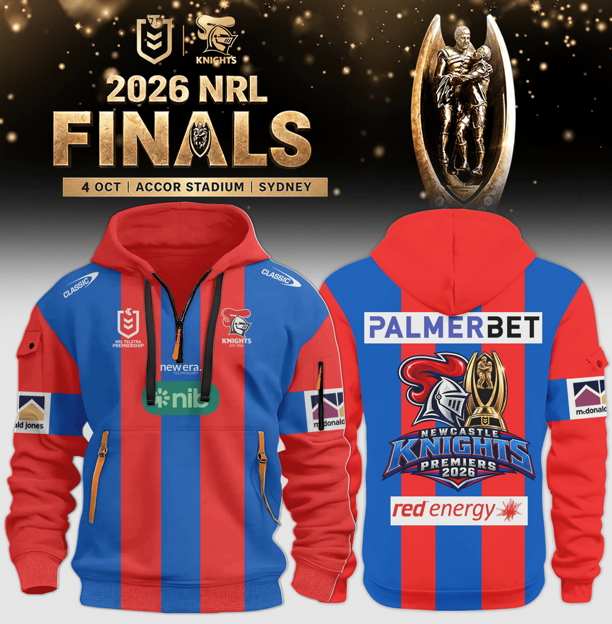 Newcastle Knights 2026 NRL Premiers Half Zip Hoodie Newcastle Knights Apparel - Foxy23shop
