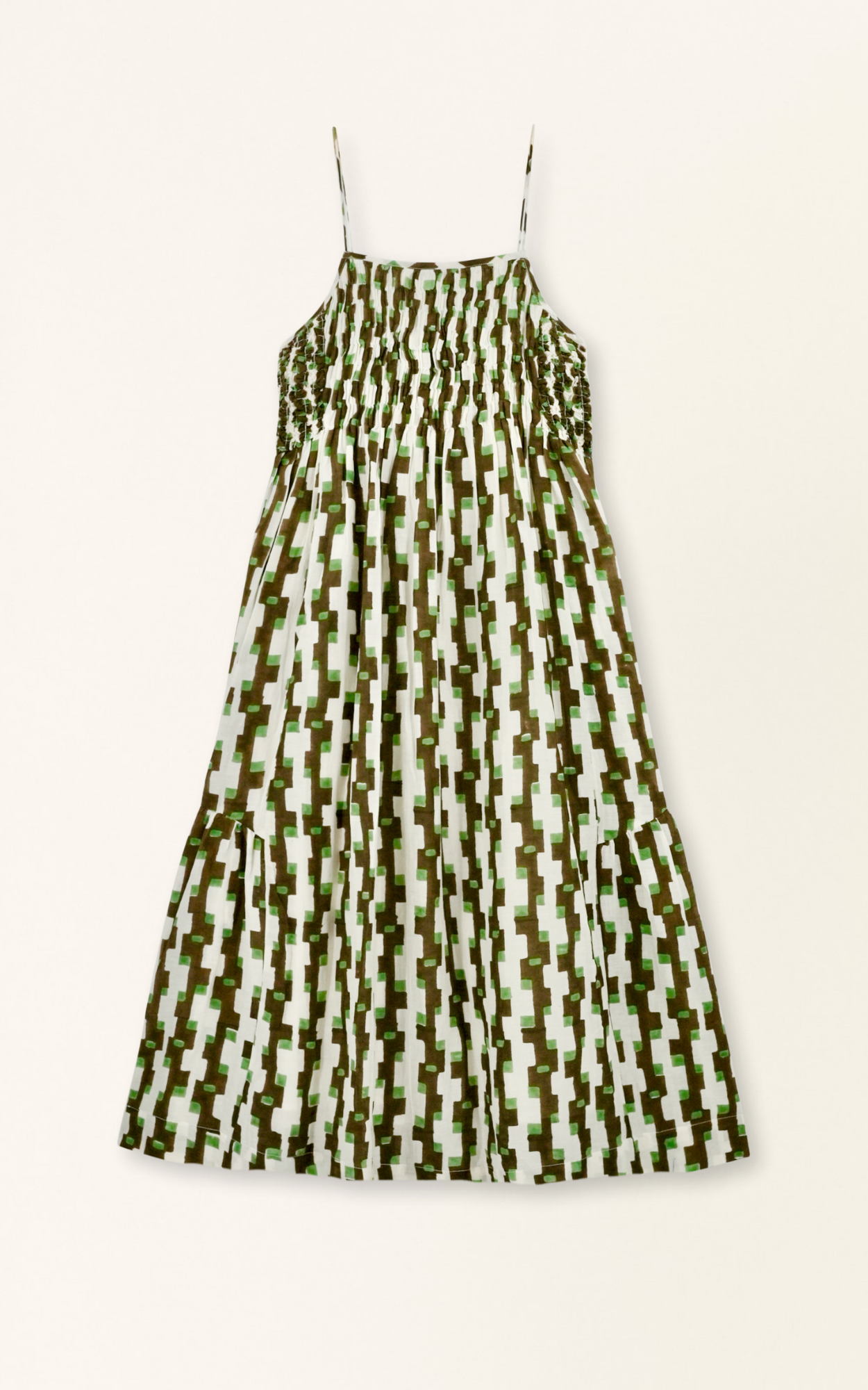 Brown cotton maxi dress on a hanger in store