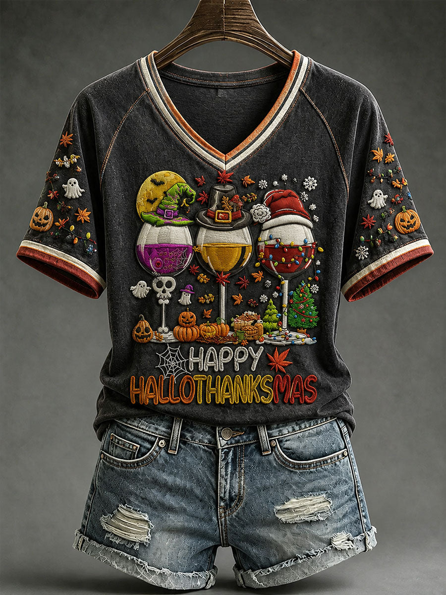 Happy Hallothanksmas V-Neck Shirt Happy Halloween Clothes Thanksgiving Gift