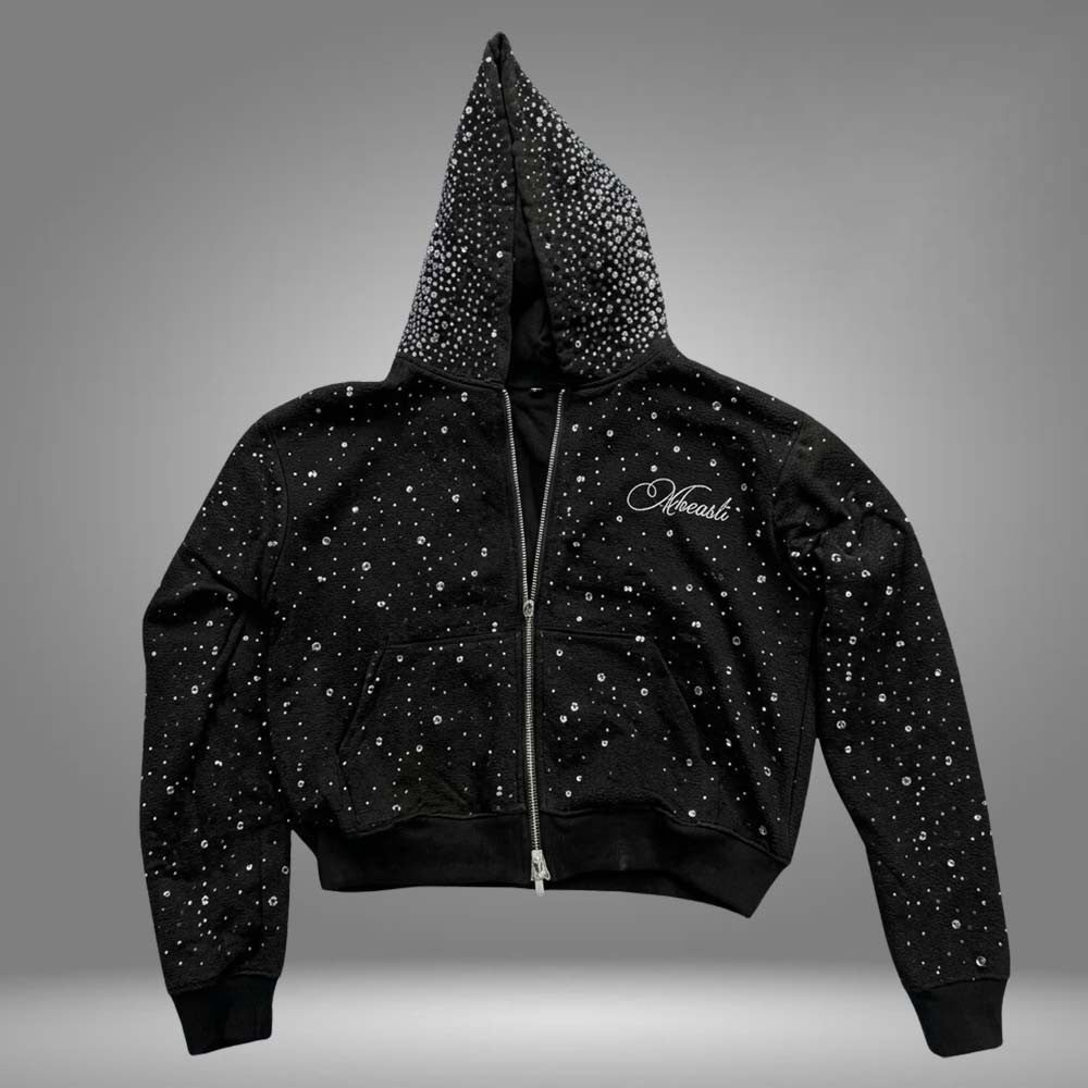 Khan Asadi Merch Rhinestone Black Zip Hoodie Gift Ideas For Girlfriend - Foxy23shop
