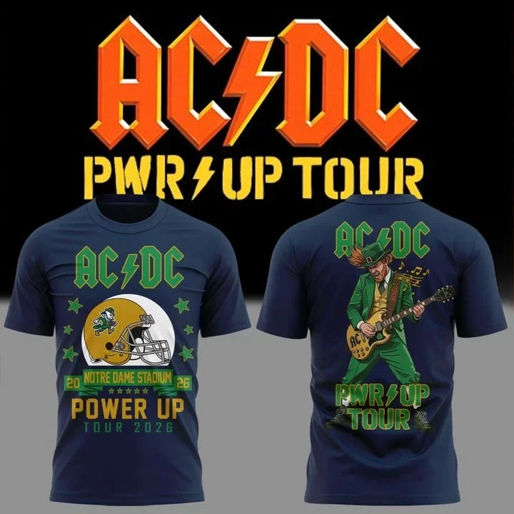 Notre Dame Football x ACDC Merch Power Up Tour 2026 T-Shirt Best Gift For Music Lovers - Foxy23shop
