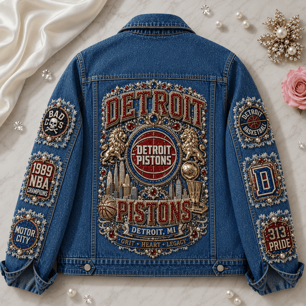Detroit Pistons Motor City Denim Jacket Detroit Pistons Merch Gift For Basketball Fan - Foxy23shop