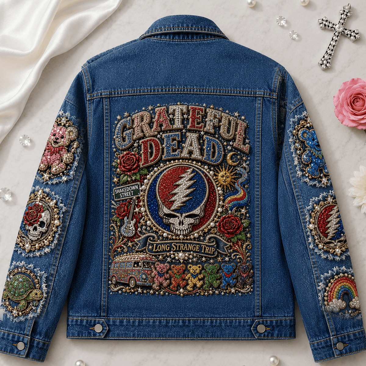 Grateful Dead Steal Your Face Denim Jacket Grateful Dead Long Strange Trip Merch Gifts For Him - Foxy23shop