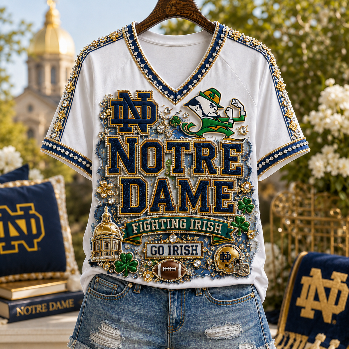 Notre Dame Fighting Irish Football V-Neck Shirt Football Merch Unique Gift For Girlfriend - Foxy23shop