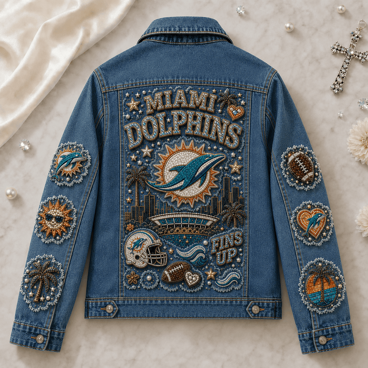 Miami Dolphins Fins Up Denim Jacket Miami Dolphins Merch Gift For Sports Lover - Foxy23shop