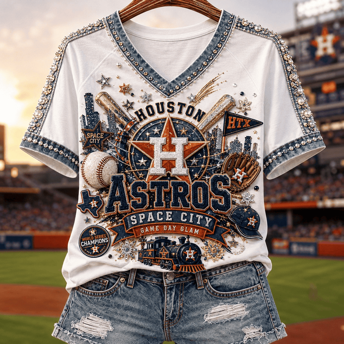 Houston Astros Space City Game Day Glam V-Neck Shirt Houston Astros Fan Gears - Foxy23shop