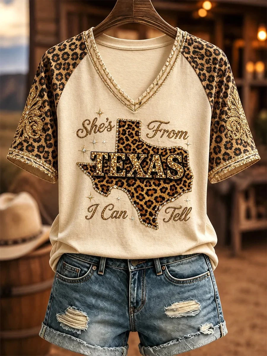 She's From Texas I Can Tell V-Neck Shirt Vintage Leopard Texas Apparel Gift For Music Fan - Foxy23shop