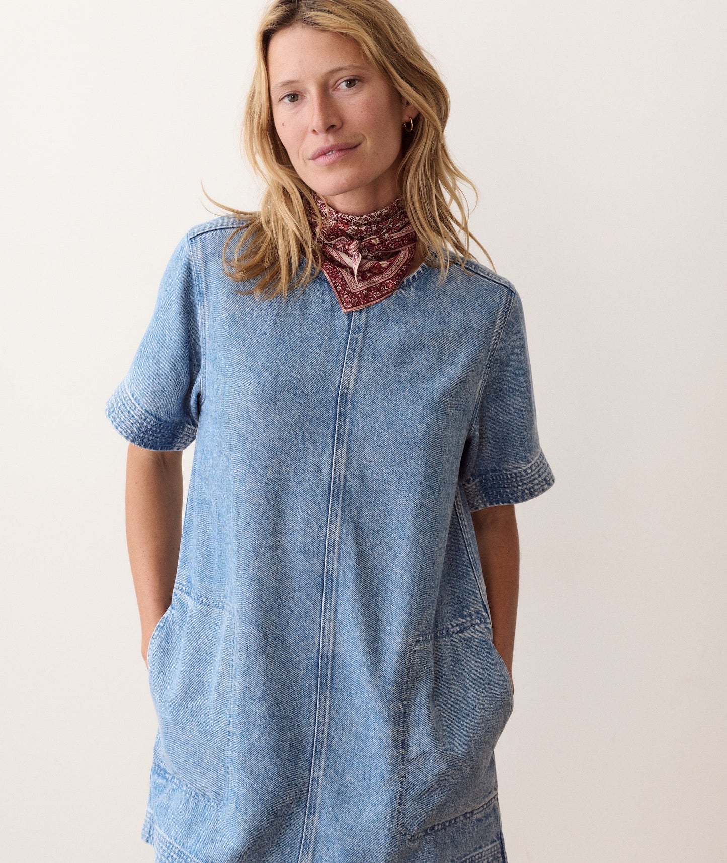 Blue shift dress on a hanger in store