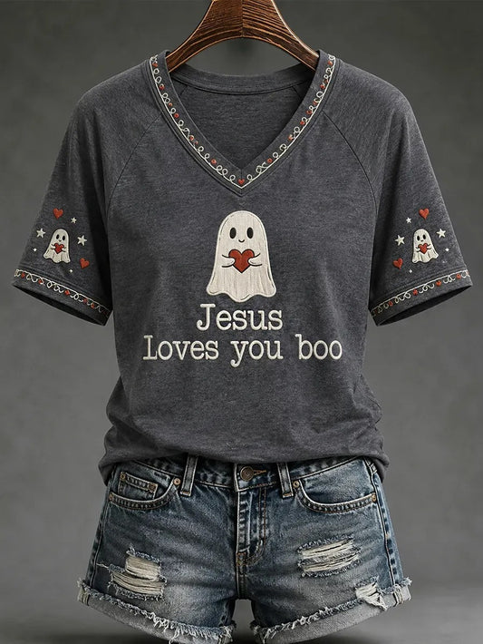 Jesus Loves You Boo V-Neck Shirt Cute Holy Ghost Clothes Halloween Gift For Mom - Foxy23shop
