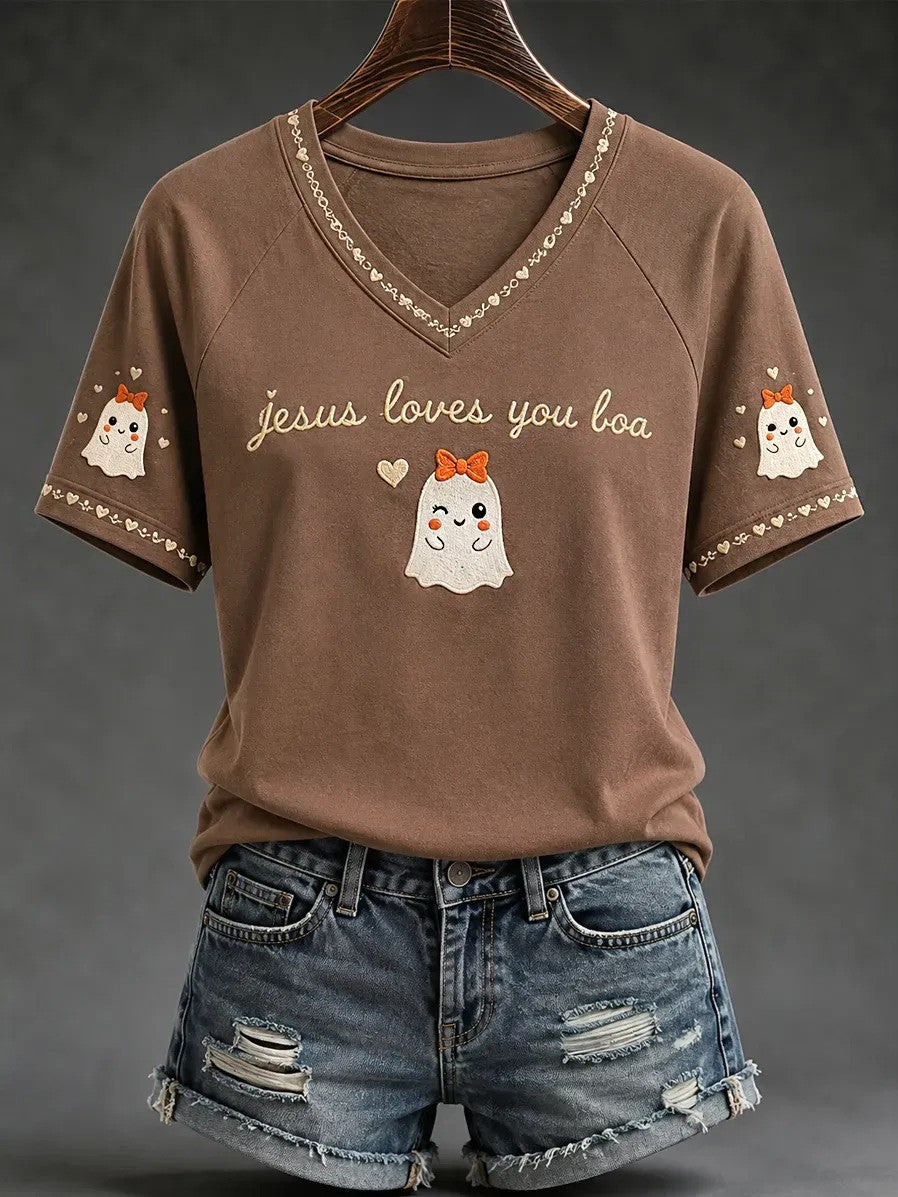 Jesus Loves You Boo V-Neck Shirt Cute Ghost Christian Halloween Clothes Gift For Wife - Foxy23shop