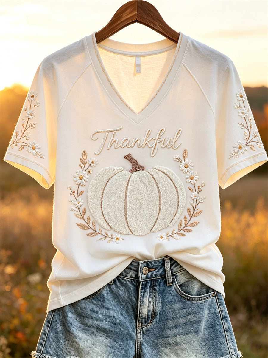 Women's Thankful White Thanksgiving Pumpkin Floral V-Neck Shirt Best Halloween Clothes Gift Idea - Foxy23shop