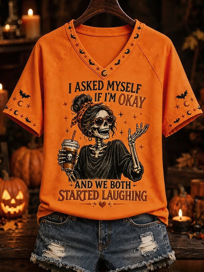 Halloween Merch I Asked Myself If I Was Okay And Then We Both V-Neck T-Shirt Gifts For Her - Foxy23shop