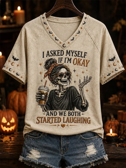 Halloween Merch I Asked Myself If I Was Okay And Then We Both V-Neck T-Shirt Gifts For Her - Foxy23shop
