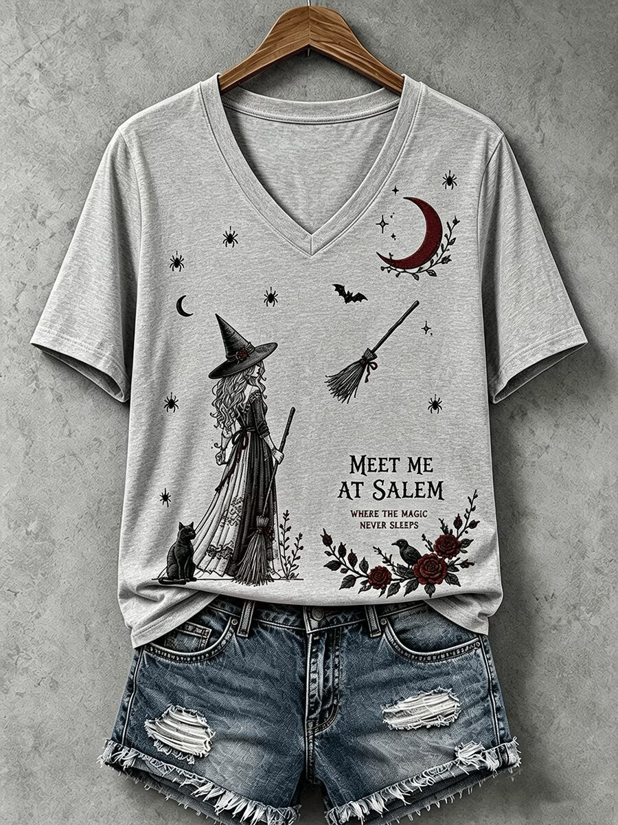 Meet Me At Salem V-Neck Shirt Vintage Witch Halloween Clothes Spooky Season Gift - Foxy23shop