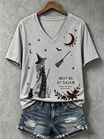 Meet Me At Salem V-Neck Shirt Vintage Witch Halloween Clothes Spooky Season Gift - Foxy23shop
