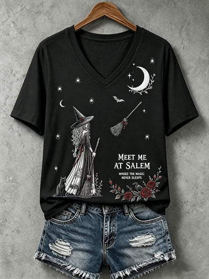 Meet Me At Salem V-Neck Shirt Vintage Witch Halloween Clothes Spooky Season Gift - Foxy23shop