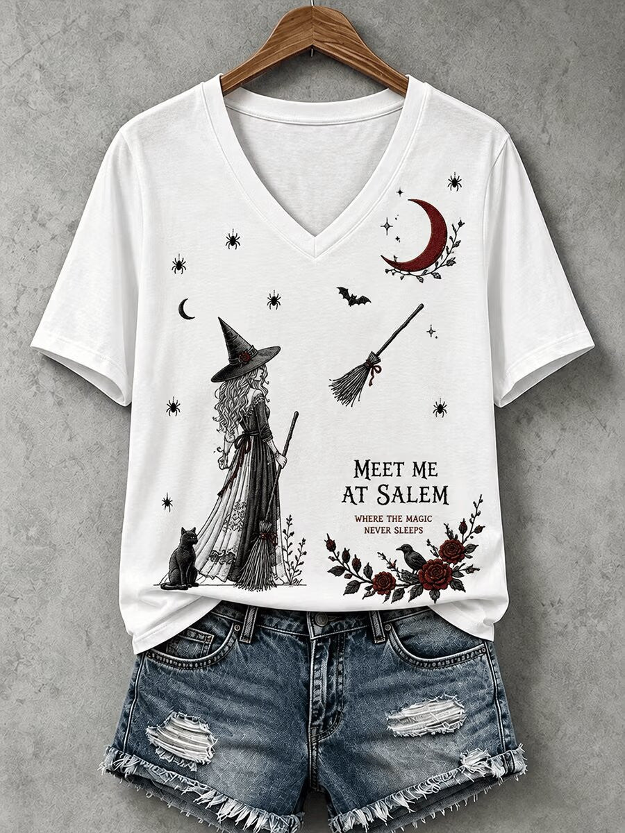 Meet Me At Salem V-Neck Shirt Vintage Witch Halloween Clothes Spooky Season Gift - Foxy23shop