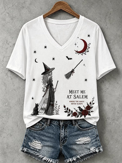 Meet Me At Salem V-Neck Shirt Vintage Witch Halloween Clothes Spooky Season Gift - Foxy23shop
