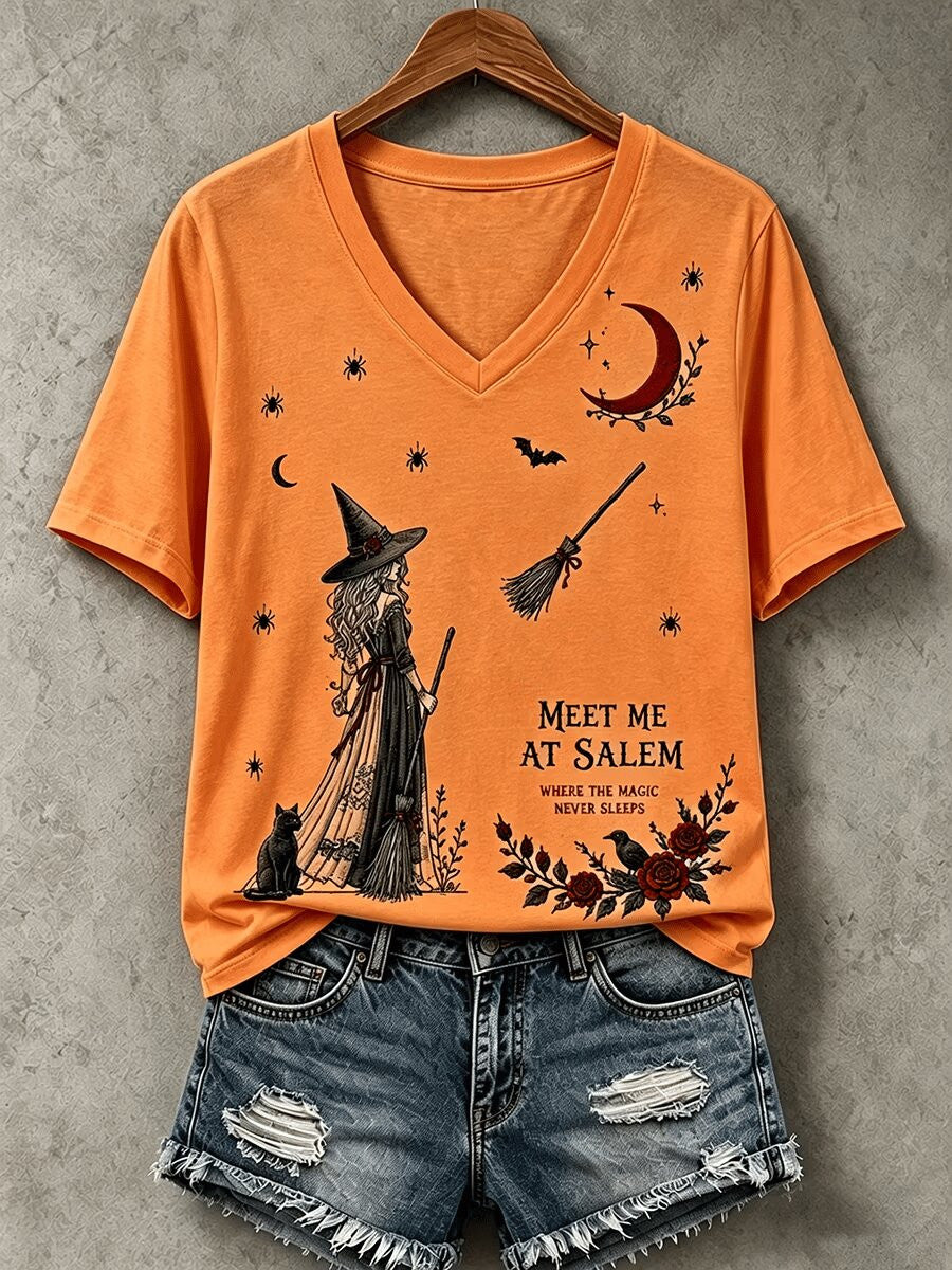 Meet Me At Salem V-Neck Shirt Vintage Witch Halloween Clothes Spooky Season Gift - Foxy23shop