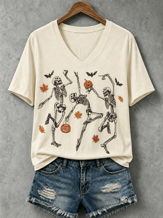 Dancing Skeletons Halloween V-Neck Shirt Cottagecore Spooky Season Clothes Holiday Gift - Foxy23shop
